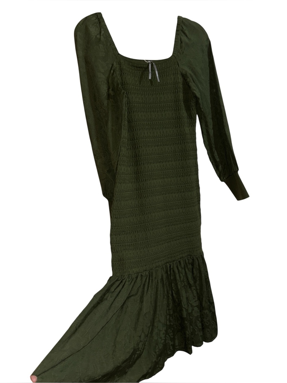 Anthropologie Dark Olive Green Long Sleeve Smocked Maxi Dress size XS